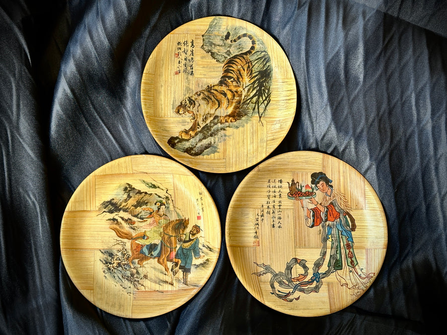 Set of 3 Hand-Painted Bamboo Wall Plates (Chinese, Mid-20th Century)